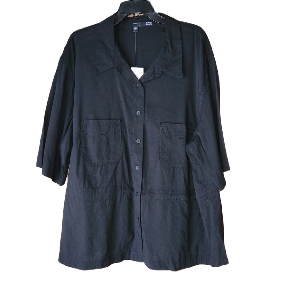 NWT Eileen Fisher Black Linen Blend Short Sleeve Camp Shirt Size 3X